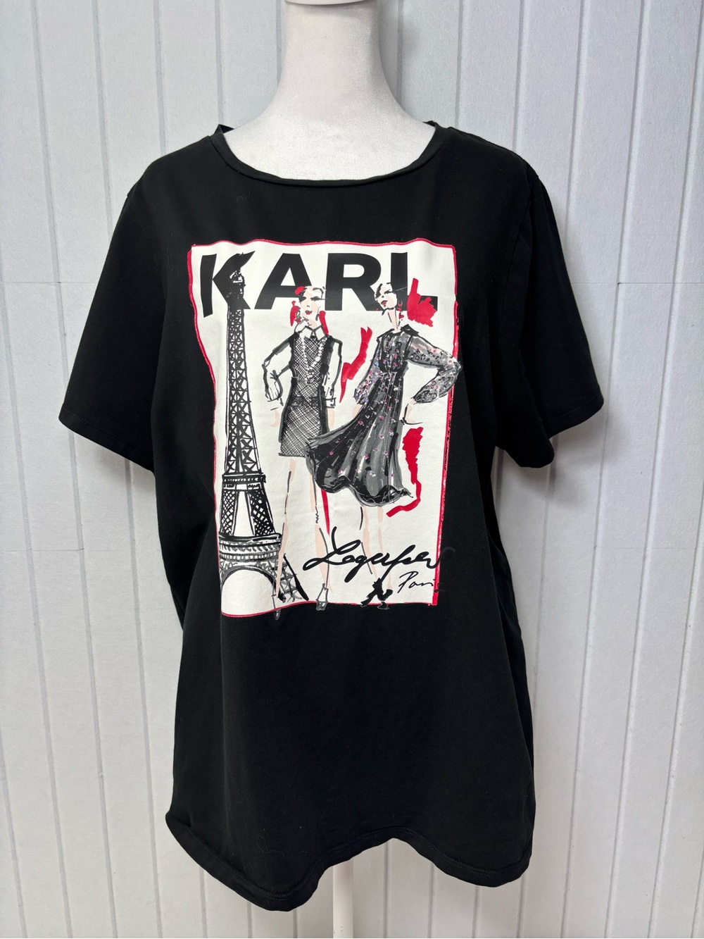 KARL Graphic Cotton Tee with Paris Illustration - Black, White‎ & Red  Size 1X